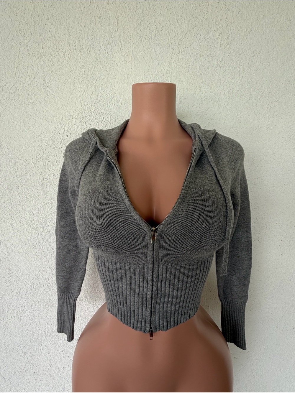 Charcoal Ribbed Zip-Up Cropped Hoodie Top